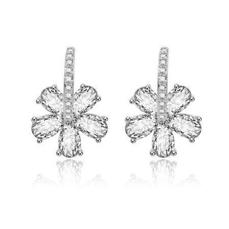 Crystal Hibiscus Flower Drop Earrings in Rhodium - A close-up of the Crystal Hibiscus Flower Drop Earrings, showcasing the rhodium-plated brass in a floral design with five teardrop-shaped cubic zirconia stones surrounding a central stone.