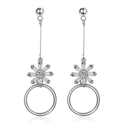 Elegant Baguette Cluster CZ Dangle Earrings - Elegant silver dangle earrings featuring a flower-like cluster of baguette and central cubic zirconia stones, with a large open hoop.