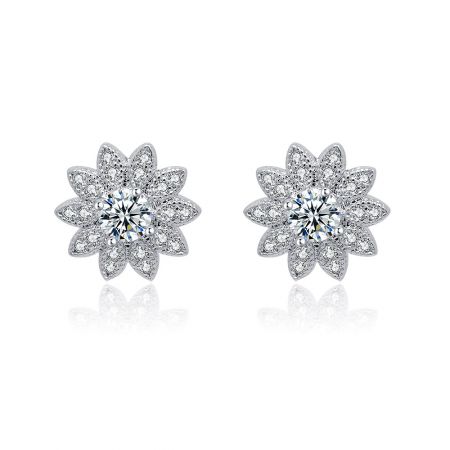 Cubic Zirconia Sunflower Button Earring - A close-up of the Cubic Zirconia Sunflower Button Earring, showcasing its intricate silver floral design with a central sparkling cubic zirconia stone surrounded by smaller stones.