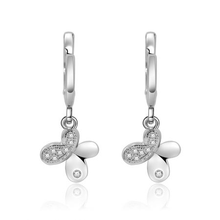 Silver Butterfly Drop Earring - A close-up of the Silver Butterfly Drop Earring, showcasing its intricate butterfly design crafted from rhodium-plated brass and sparkling white cubic zirconia stones.
