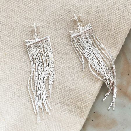 A pair of 925 sterling silver fringe pendant earrings against a white background.