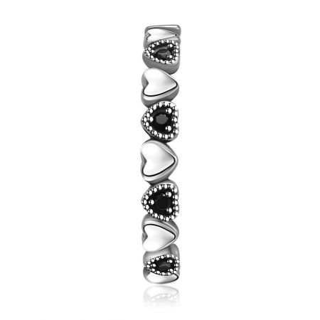 Full view of the 'Forever More' jewelry piece, showing the pattern of heart and round links with black and white stones.