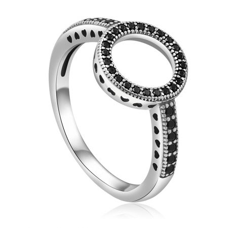 Side view of the black CZ ring, highlighting the distinctive double-loop design and heart-shaped cutouts on the band.