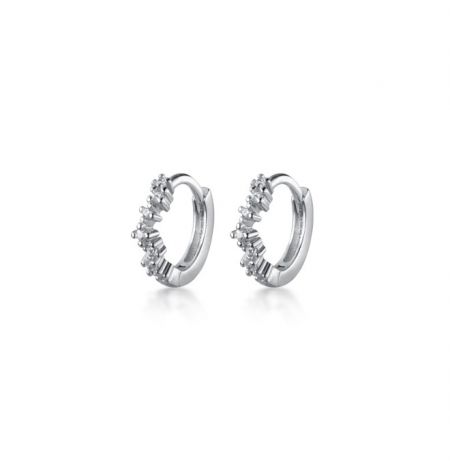 A detailed close-up of the 925 Sterling Silver Mini Huggie Earrings featuring sparkling cubic zirconia stones.