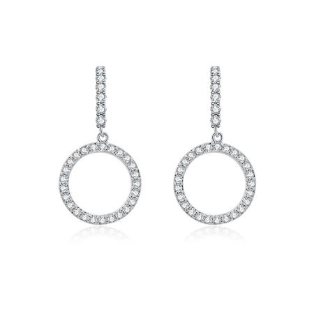 Zirconia Circle Cluster Drop Earrings - A pair of Zirconia Circle Cluster Drop Earrings, featuring a circular pendant design with clear cubic zirconia gemstones, crafted in rhodium-plated brass.