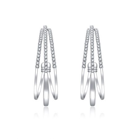 Triple Row Semi-Hoop Earrings - A pair of Triple Row Semi-Hoop Earrings made of silver-colored brass with rhodium plating, accented with sparkling cubic zirconia stones.