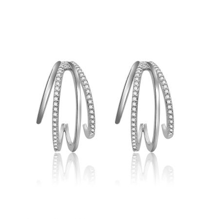 Pendientes semi-aros de doble fila - Un par de pendientes semi-aros de doble fila con piedras de circonita brillantes, de latón chapado en rodio, estilo BEQ07-R-Z-00320.