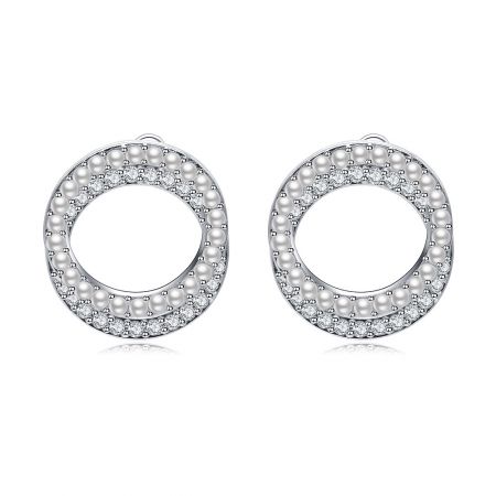 Pendientes de perla CZ de doble círculo. - Pendientes de perla CZ de doble círculo, un par de aretes de estilo aro de plata con adornos de perla y circonita cúbica.