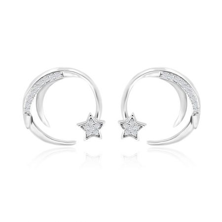 Shooting Star Earrings - A detailed close-up of the Shooting Star Earrings, showcasing the rhodium-plated finish and the brilliant white cubic zirconia set in a star-shaped charm.
