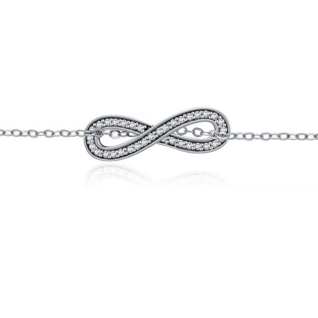 Close-up of the matching sterling silver infinity pendant with pave-set cubic zirconia stones.
