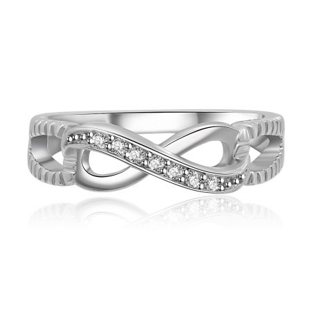 Infinity Split Shank Engagement Ring - The Infinity Split Shank Engagement Ring, featuring a rhodium-plated brass band twisted into an infinity symbol and set with sparkling cubic zirconia stones.