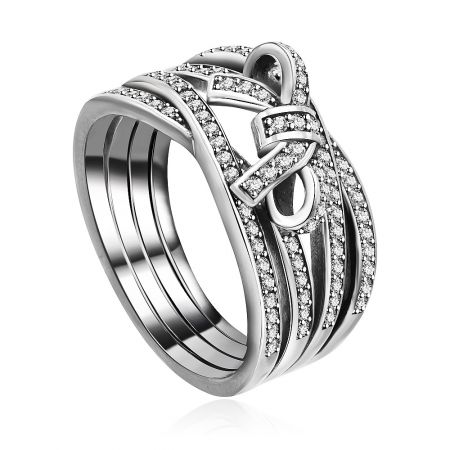 Side profile of the Sterling Silver Blossom Ring, highlighting the intertwined band and cubic zirconia accents.
