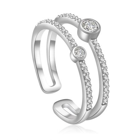 Round Bezel Set Ring with Cubic Zirconia - A close-up of the Round Bezel Set Ring, showcasing its rhodium-plated finish and sparkling cubic zirconia stone in an elegant, intertwined design.