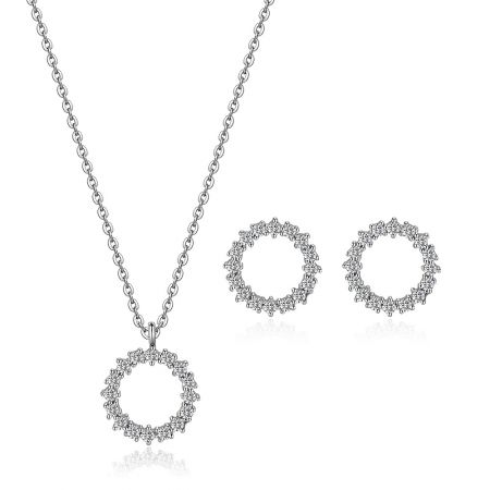Collar de círculo geométrico con pendientes en 1 conjunto - Conjunto de collar y pendientes de círculo geométrico con baño de rodio, que presenta colgantes circulares con un diseño floral de cristal.