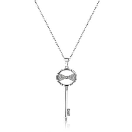 Open Your Heart Key Shape Necklace With Bow - The Open Your Heart Key Shape Necklace with a bow, featuring a rhodium-plated finish and sparkling cubic zirconia on a white background.