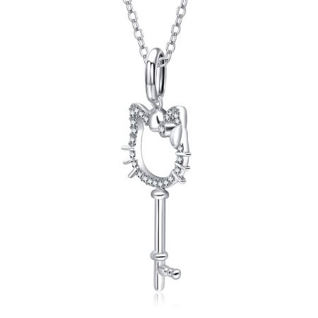Volledig zicht op de zilveren sleutelhanger ketting tegen een witte achtergrond, met weergave van de ketting en sluiting.