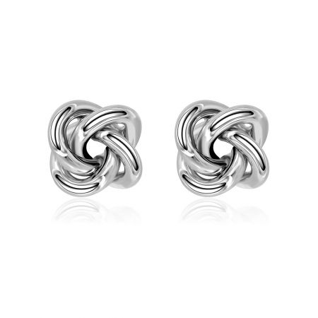 Twist Knot Stud Earrings - A pair of elegant silver Twist Knot Stud Earrings with a polished rhodium finish, model BEQ04-R-00290.