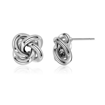 Vista frontale e posteriore degli orecchini a perno Twist Knot, che mostrano il design intricato del nodo intrecciato.