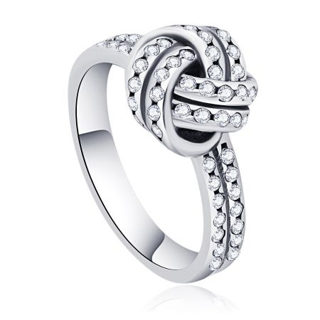 Angled profile of the S925 Silver Love Knot Ring, highlighting the polished band and the dual rows of stones leading to the central knot.