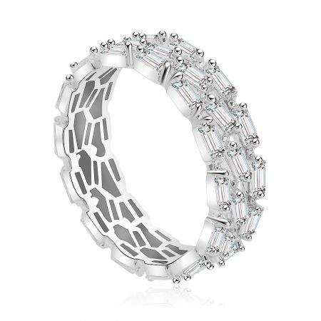 Detailed side view of the Baguette Morganite Band Ring, highlighting the intricate lattice design and sparkling stones.