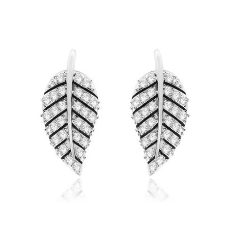 Pave Setting Leaf Earrings - A pair of Pave Setting Leaf Earrings made from rhodium-plated brass, adorned with brilliant white cubic zirconia stones.