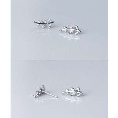 Collage showing different angles of the silver CZ zircon leaf earrings.