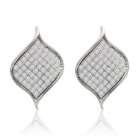 Pendiente de hoja Accent - Un par de pendientes de botón de hoja Accent hechos de latón chapado en rodio, con un intrincado diseño de hoja adornado con piedras de circonita cúbica brillantes.