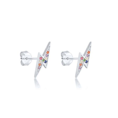 Versione placcata in argento degli orecchini mini a forma di fulmine multicolore in argento sterling 925 con zirconia cubica arcobaleno.