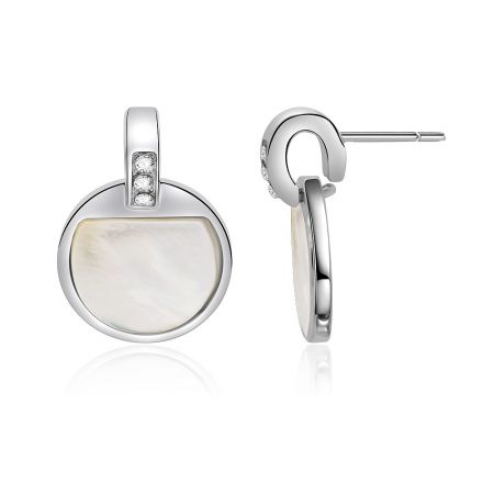 Vue latérale détaillée des clous d'oreilles en coquillage de cristal, montrant les accents en nacre et en diamant.