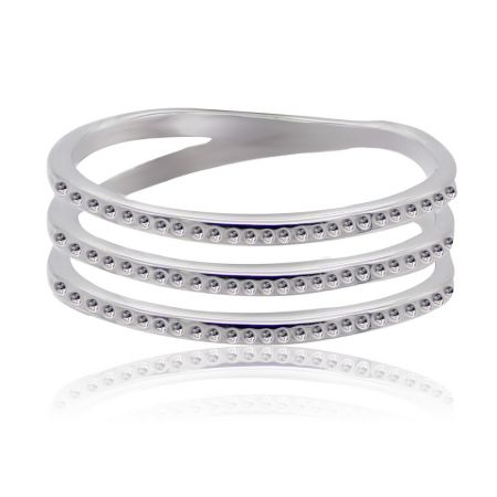 Open Air Liner Ring - A close-up of the Open Air Liner Ring, showcasing its multi-layered design and polished rhodium-plated finish, designed for stacking.