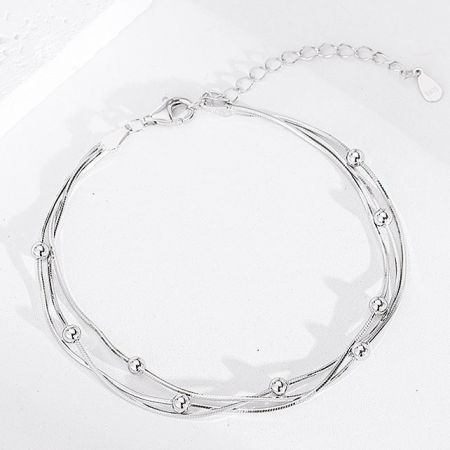 925 Sterling Zilver Kralen Multi-Laags Slangenketting Armbanden - Een set van 5 meerlagige 925 sterling zilveren armbanden met delicate kralen, tentoongesteld op een schone witte achtergrond.
