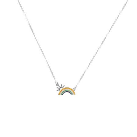 La versión chapada en platino del collar de plata esterlina con un colgante colorido de sol y zirconia arcoíris.
