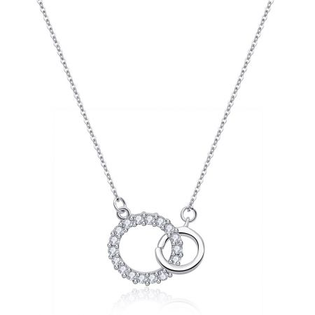 Overlap Circles Necklace - Overlap Circles Necklace featuring a rhodium-plated brass pendant with two interlinking circles, one adorned with sparkling white cubic zirconia.