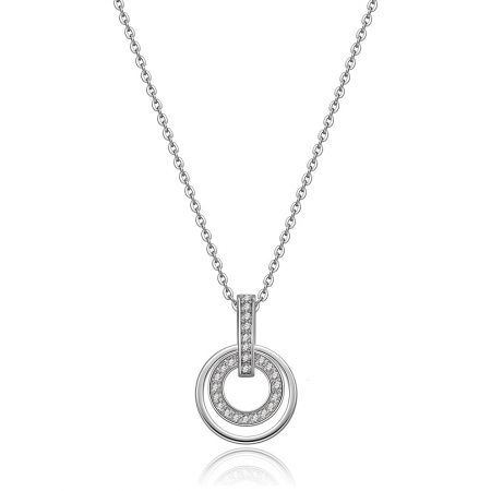 Colgante de moda redondo contemporáneo de CZ en dos círculos. - Un colgante de moda redondo contemporáneo de CZ que presenta un collar de plata con un colgante circular engastado con diamantes brillantes.
