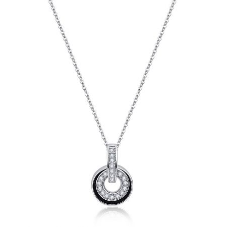 Double Round Pendants In Rhodium - Close-up of the Double Round Pendants in Rhodium necklace, showcasing the brilliant rhodium plating and the sparkling cubic zirconia on the double circle charm.