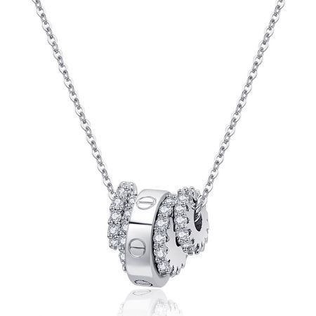 Pave Wheel Circles Necklace - Close-up of the Pave Wheel Circles Necklace, showcasing the interlocking rings pendant adorned with sparkling cubic zirconia stones on a rhodium-plated brass chain.