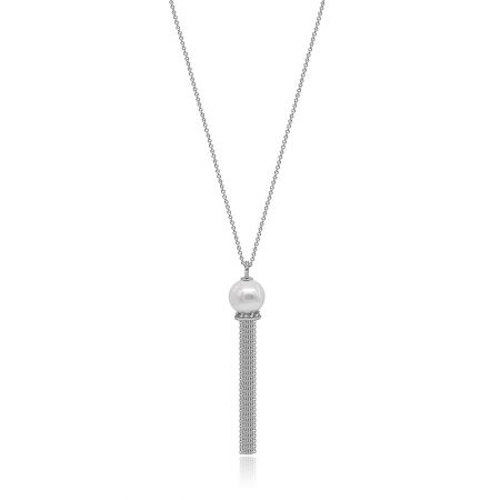 Dangle Pearl Tassel Long Necklace - Dangle Pearl Tassel Long Necklace featuring a rhodium-plated chain with a large glass pearl and a silver bead tassel pendant.