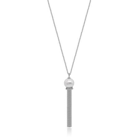 Dangle Pearl Tassel Long Necklace - Dangle Pearl Tassel Long Necklace featuring a rhodium-plated chain with a large glass pearl and a silver bead tassel pendant.