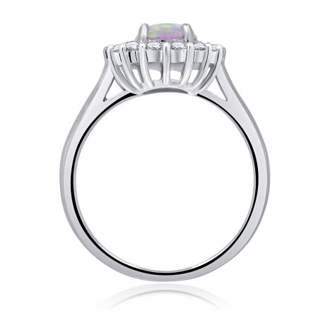 Detailed shot of the Pink Opal Burst White Ring, displaying the craftsmanship of the rhodium-plated band and gemstone setting.