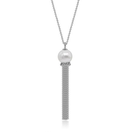 A close-up view of the luxurious Dangle Pearl Tassel Long Necklace, highlighting the intricate details of the pearl and tassel pendant.