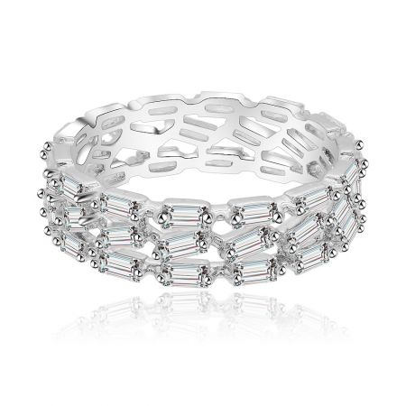 Baguette Morganite Band Ring - Front view of the Baguette Morganite Band Ring, showcasing the prong-set baguette-cut cubic zirconia stones on a rhodium-plated brass band.