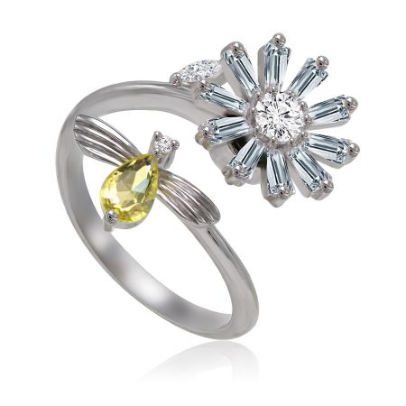 Detailed view of the Daisy Bee Delight Ring highlighting the teardrop-shaped yellow cubic zirconia and the sparkling flower design.