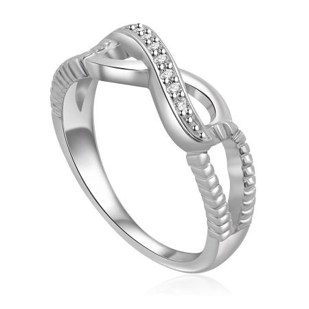 A close-up view of the Infinity Split Shank ring, highlighting the intricate setting of the cubic zirconia stones.
