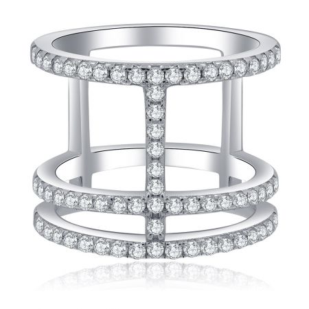 Anello con design geometrico pavé delicato - Anello in argento sterling 925 con design geometrico pavé delicato, caratterizzato da un distintivo design a doppio strato con una barra centrale collegante impreziosita da scintillanti pietre di zirconia cubica.