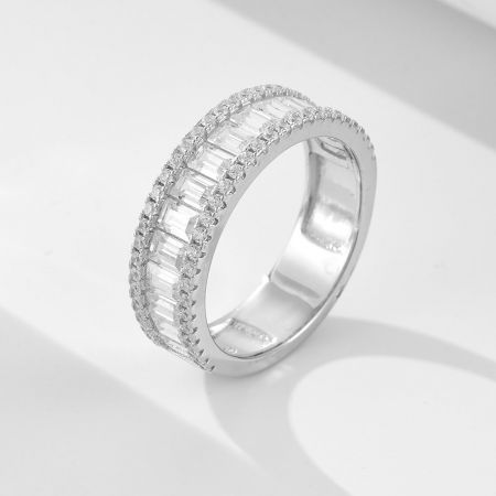 Close-up of the elegant baguette eternity band, featuring a double row of shimmering cubic zirconia stones.