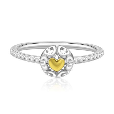 Anello Rotondo Bicolore Fluttuante - Anello Rotondo Bicolore Fluttuante in argento sterling 925, con un distintivo centro a forma di cuore in oro su una faccia circolare decorativa con una fascia testurizzata.