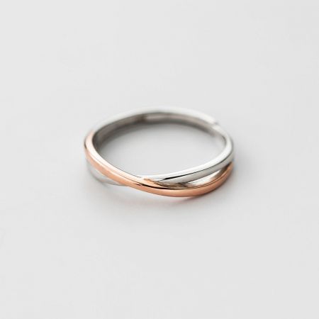 Ein minimalistischer Möbius-Ring aus Silber mit einem subtilen Akzent aus Roségold, der sein modernes Design zeigt.