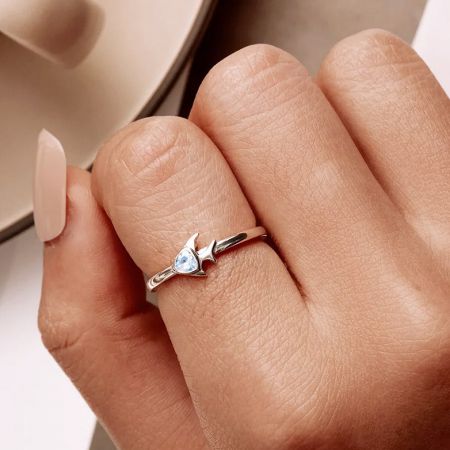 Set di anelli regolabili in argento sterling 925 con pesce e zirconio blu. - Un anello regolabile in argento sterling 925 con uno zirconio blu a goccia, parte di un set di cinque pezzi, indossato su un dito.