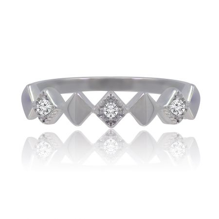 Square Accent Wedding Band - Close-up of the Square Accent Wedding Band, a rhodium-plated ring showcasing a row of sparkling white cubic zirconia stones.