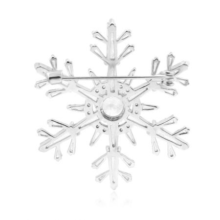 Back view of the silver snowflake brooch showing the secure roller pin catch.